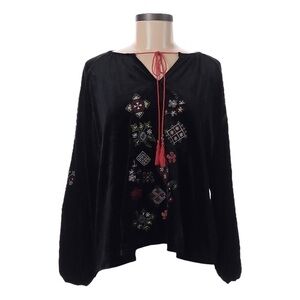 Chelsea & Theodore Velvet Black Embroidered Long Sleeve Tunic Top Size XS